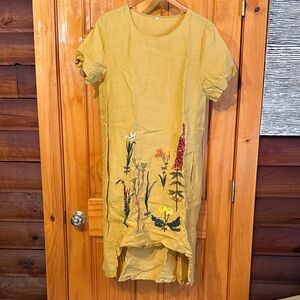 Women’s Minibee Mustard Yellow Linen Floral Embroidered Dress/Tunic
